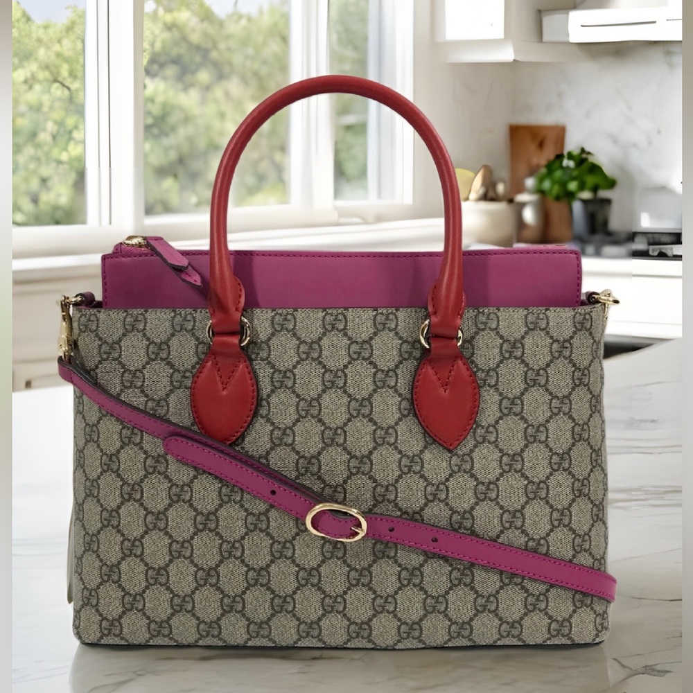 GUCCI GG MONOGRAM MOON CALFSKIN MEDIUM ZIP TOTE BEIGE, RED AND PINK - Picture 2 of 16